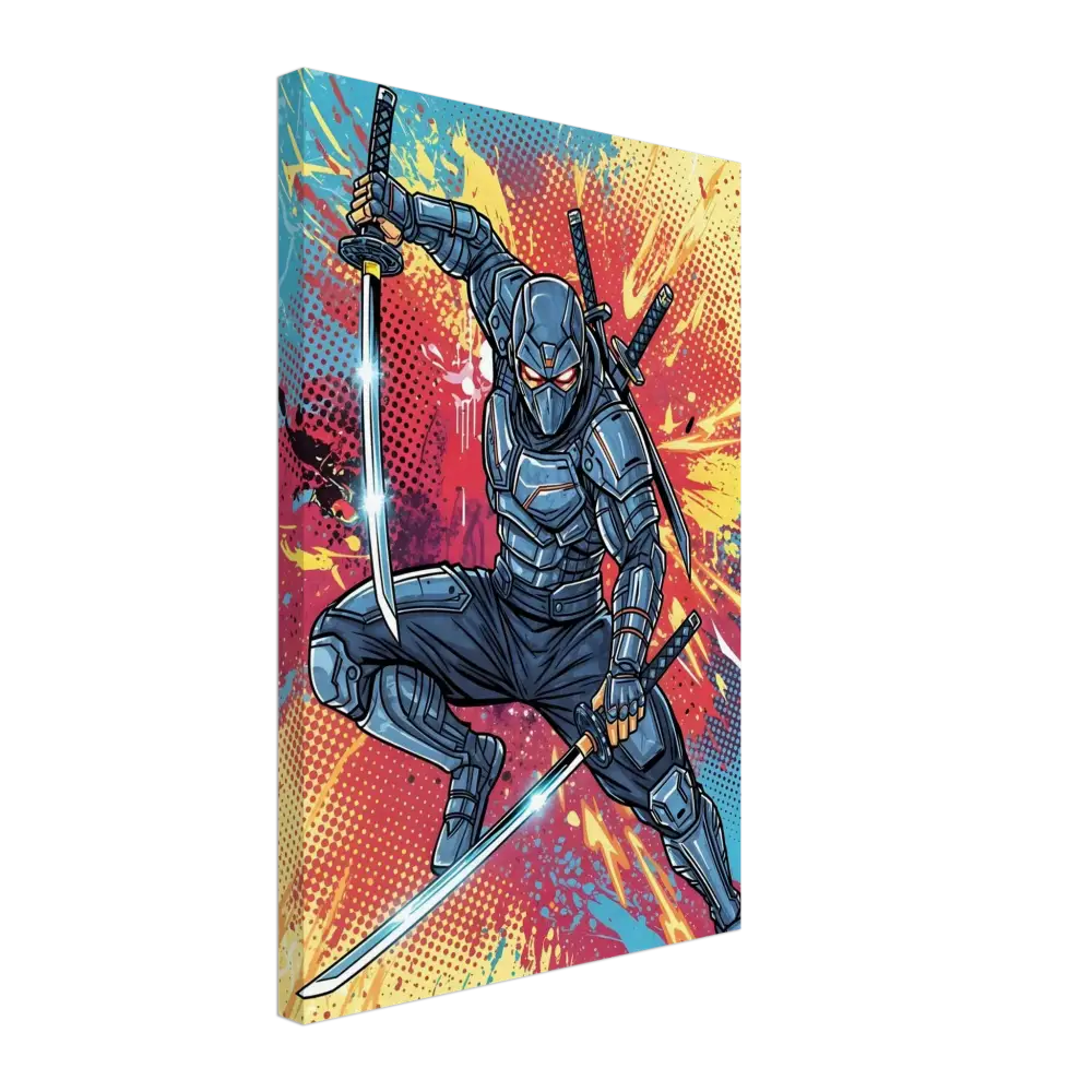 High-impact ninja print of a blue and black ninja warrior with glowing katanas for PixiOnyx Pop Samurai series