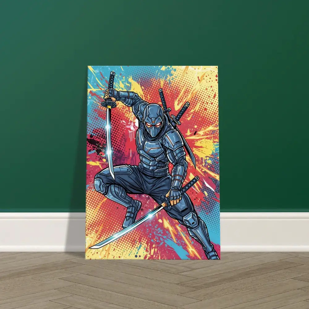 High-impact ninja print on canvas featuring a blue-armored ninja with swords from PixiOnyx Pop Samurai Series