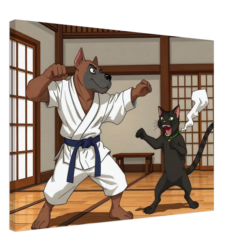 Cartoon dog and cat practicing karate on Canvas Paws of Fury PixiOnyx Martial Mayhem