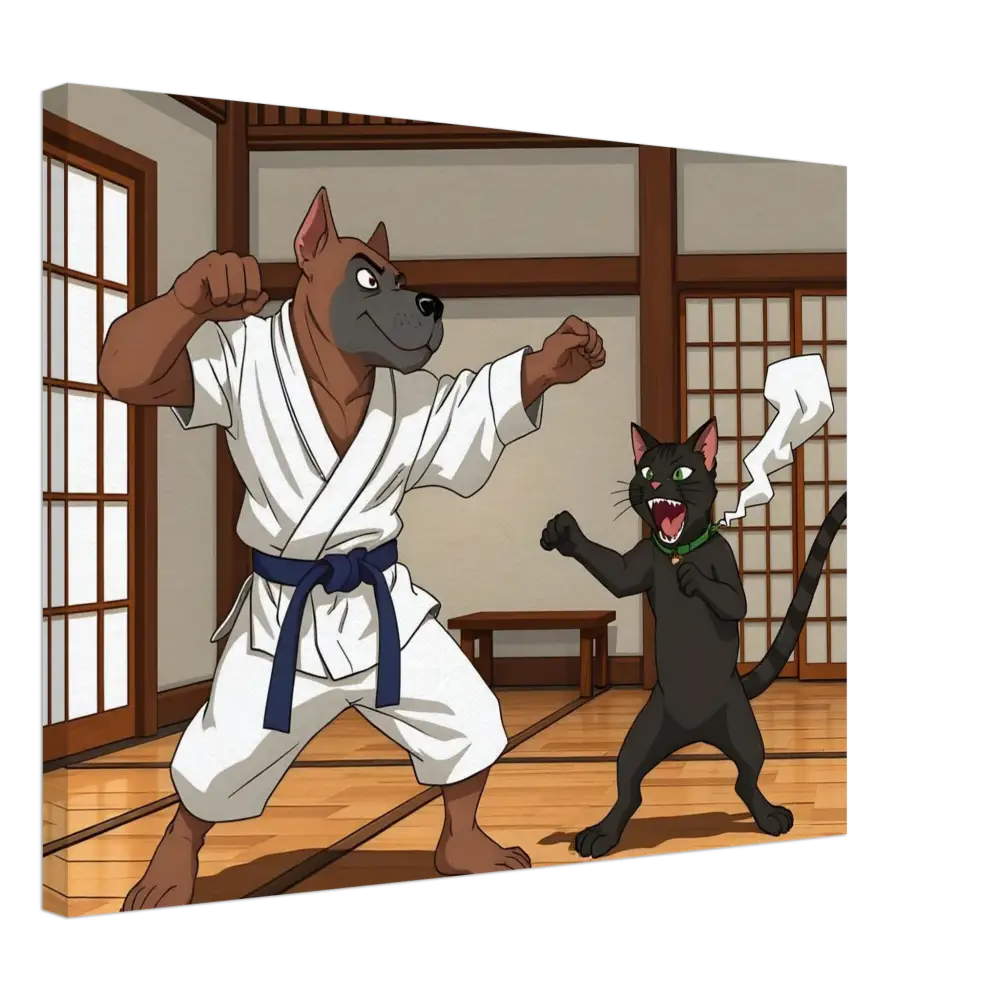 Cartoon dog and cat karate match from Canvas Paws of Fury on PixiOnyx Martial Mayhem