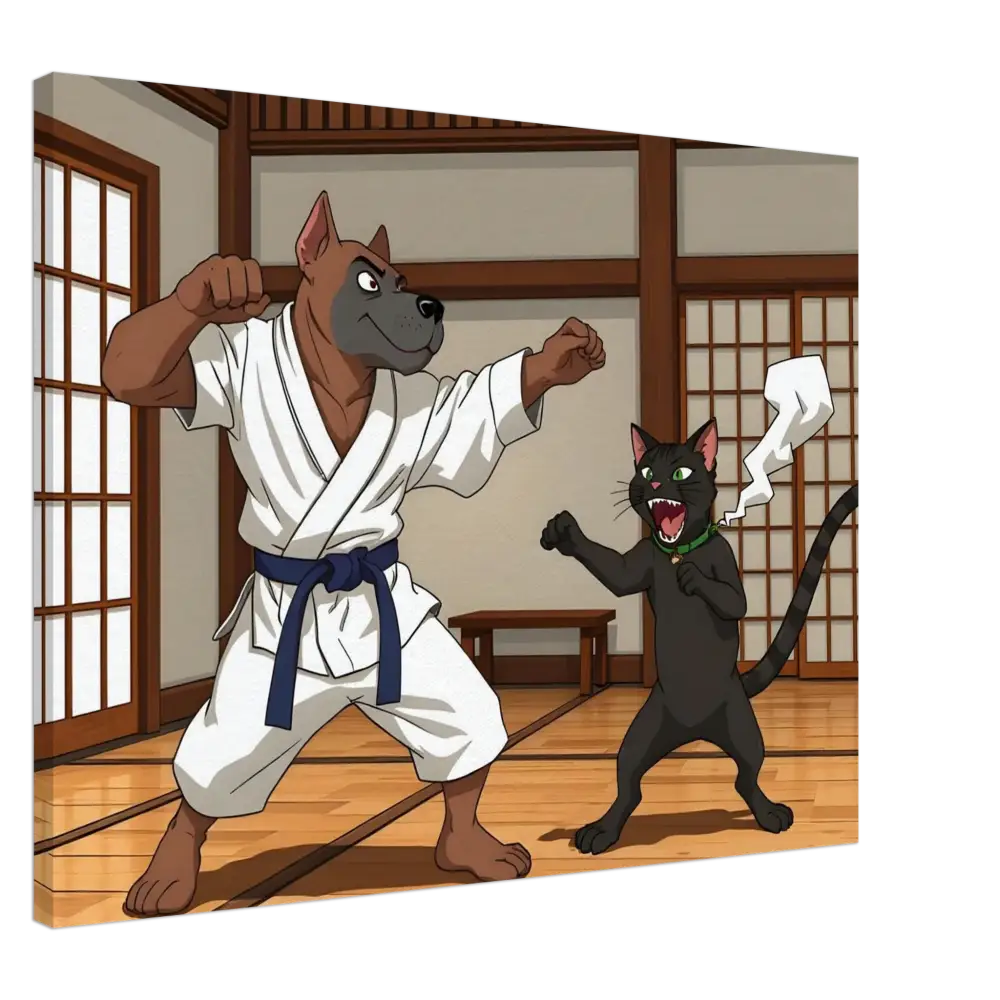 Cartoon dog and cat in karate stances from Canvas Paws of Fury PixiOnyx Martial Mayhem