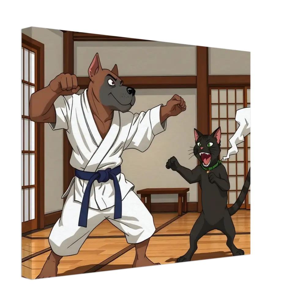 Cartoon dog and cat fighting in karate match on Canvas Paws of Fury PixiOnyx Martial Mayhem