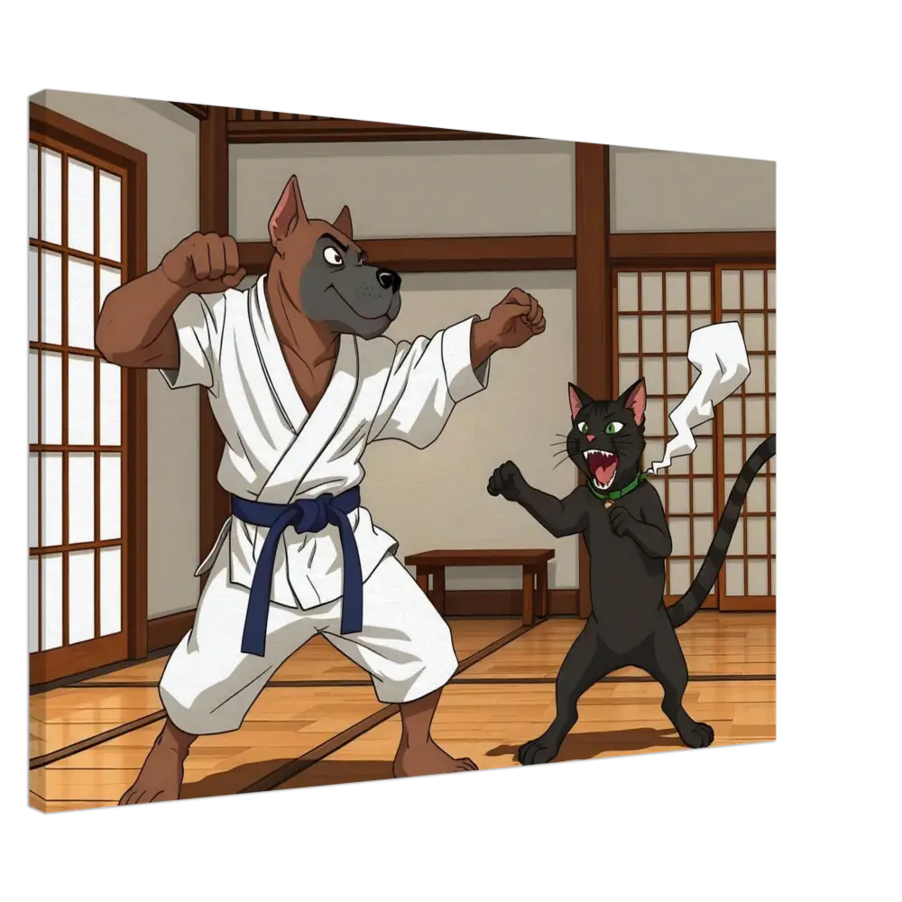 Cartoon dog and cat in karate battle on Canvas Paws of Fury PixiOnyx Martial Mayhem