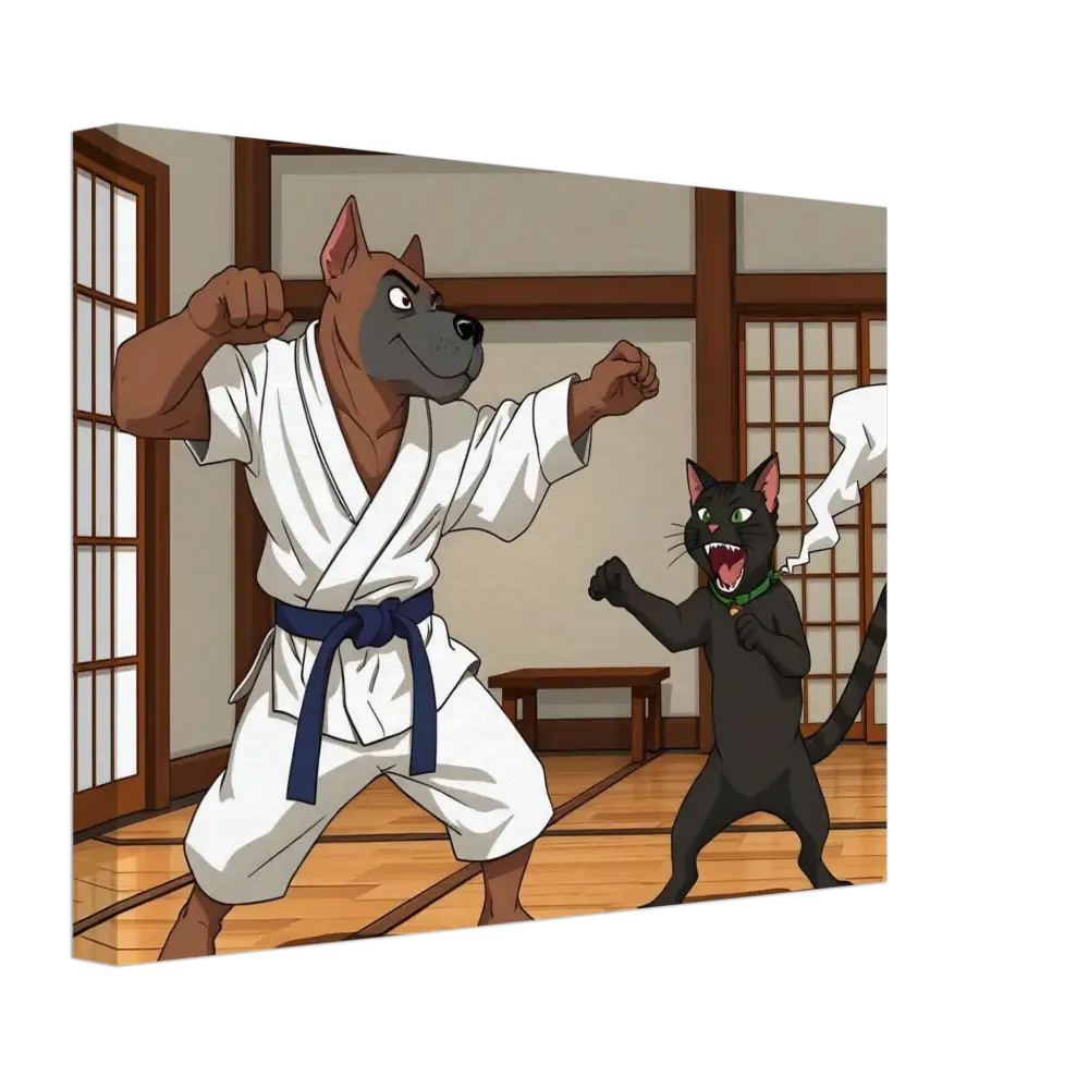 Cartoon dog and cat in karate match for Canvas Paws of Fury PixiOnyx Martial Mayhem