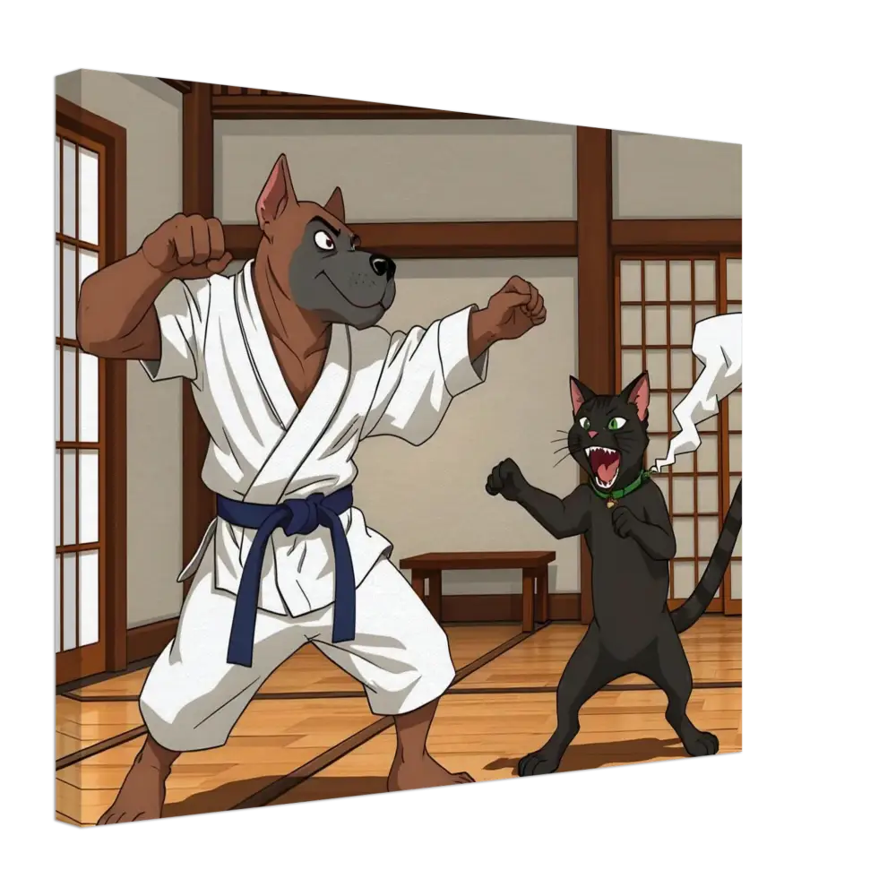 Cartoon dog and cat karate sparring on Canvas Paws of Fury: The Ultimate Standoff