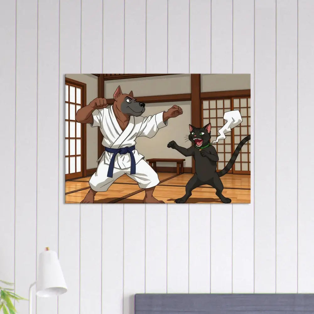 Cartoon dog and cat karate match on Canvas Paws of Fury PixiOnyx Martial Mayhem