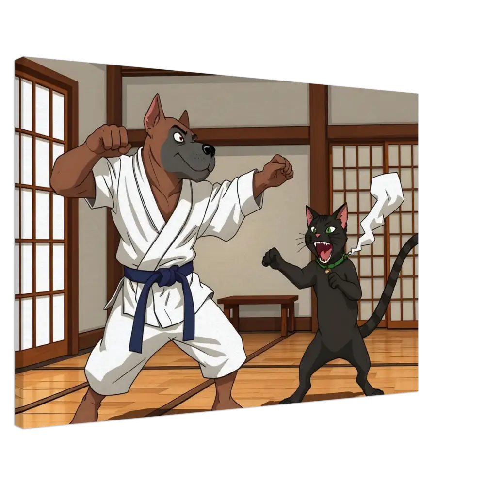 Cartoon dog and cat sparring from Canvas Paws of Fury: The Ultimate Standoff PixiOnyx