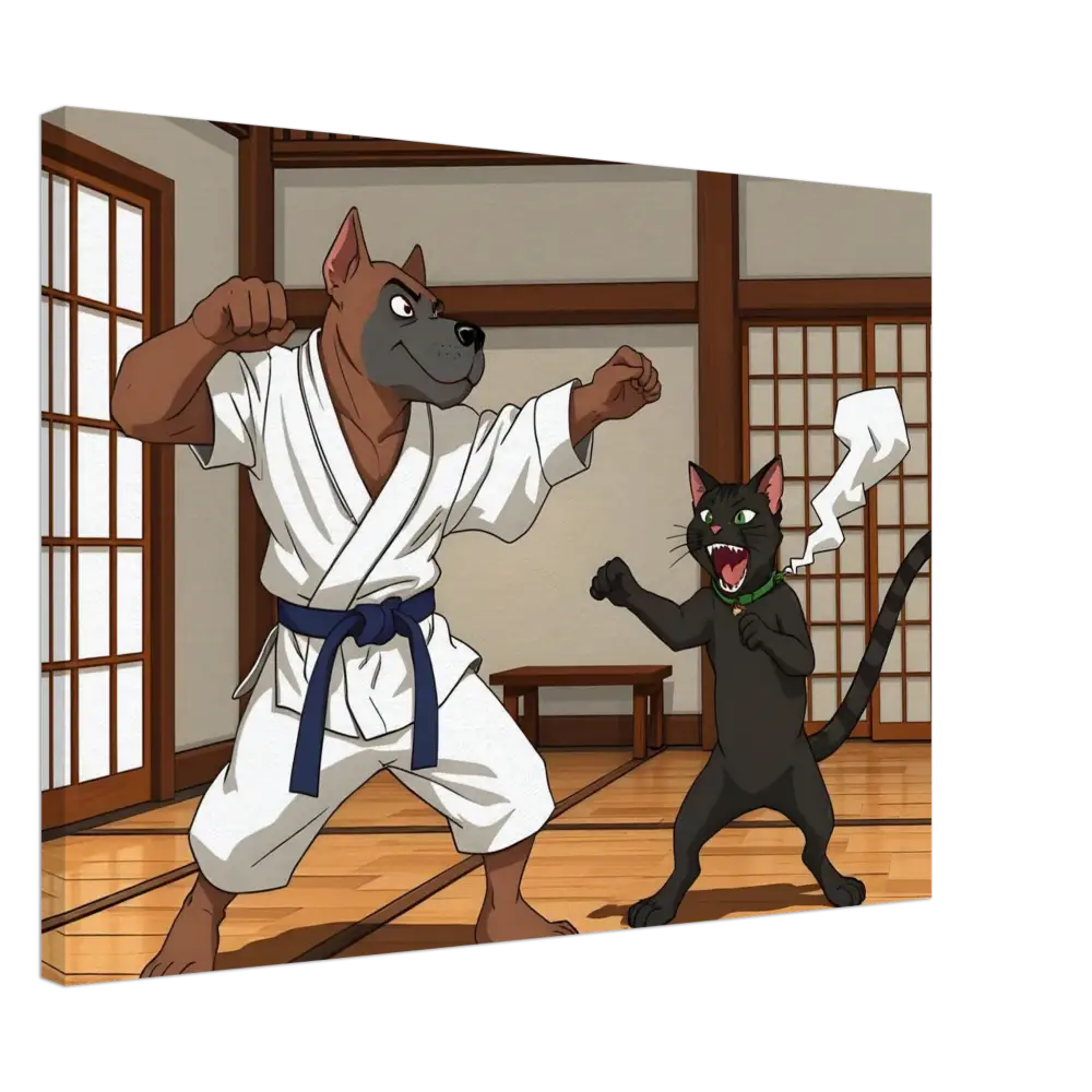 Cartoon dog and cat performing karate moves in Canvas Paws of Fury martial art scene