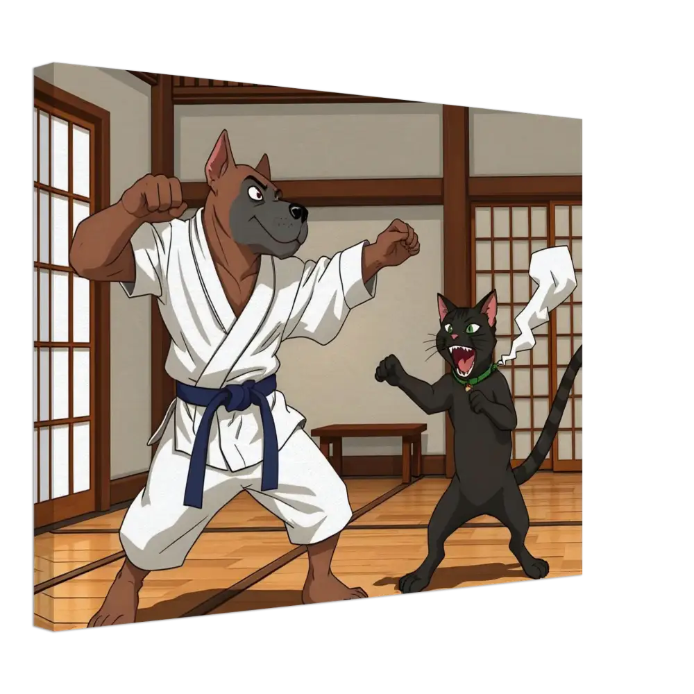 Cartoon dog and cat sparring in martial arts pose for Canvas Paws of Fury PixiOnyx Martial Mayhem