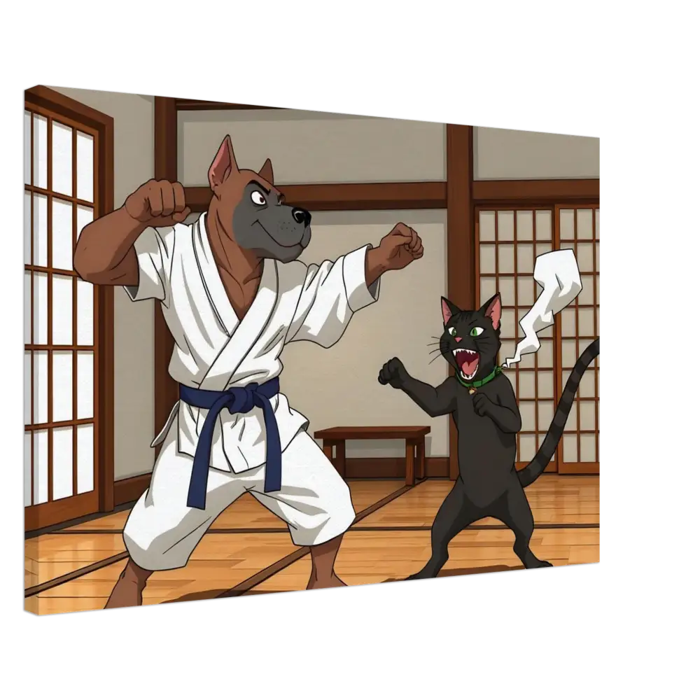 Cartoon dog and cat displaying martial arts during Canvas Paws of Fury product shoot