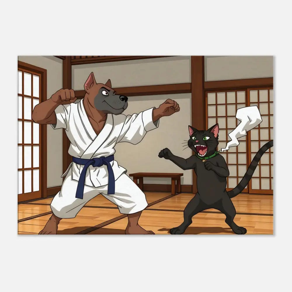 Cartoon dog and cat engaging in a karate fight on Canvas Paws of Fury artwork