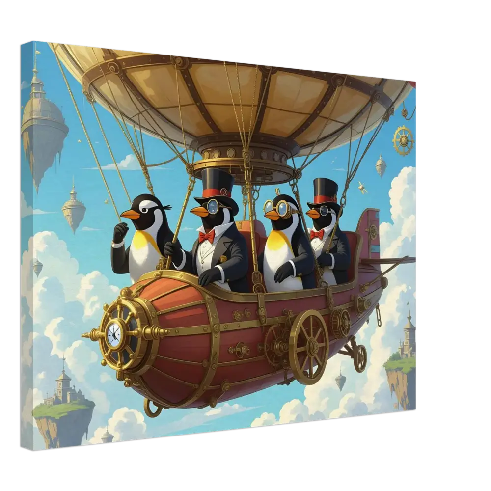 Steampunk penguin airship canvas displayed in PixiOnyx Whimsical Skybound Classic product