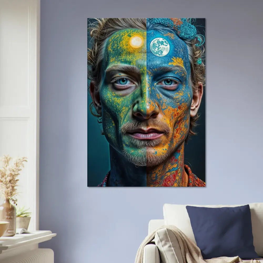 Surreal portrait with sun and moon face paint on Psychedelic Duality Wall Canvas