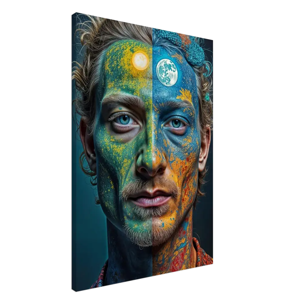 Psychedelic duality face portrait displaying day and night themes on Canvas Print Faces of the Wild Code