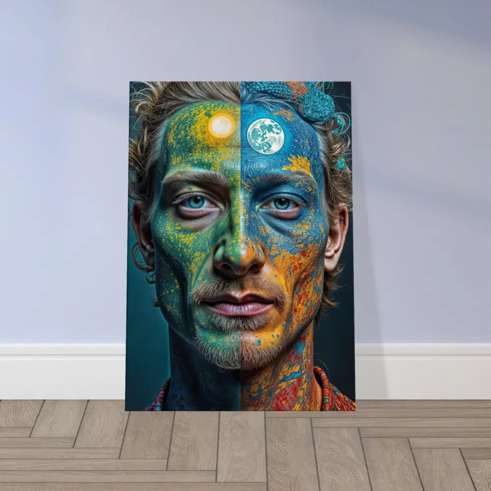 Colorful portrait art on psychedelic duality wall canvas for vibrant home decor
