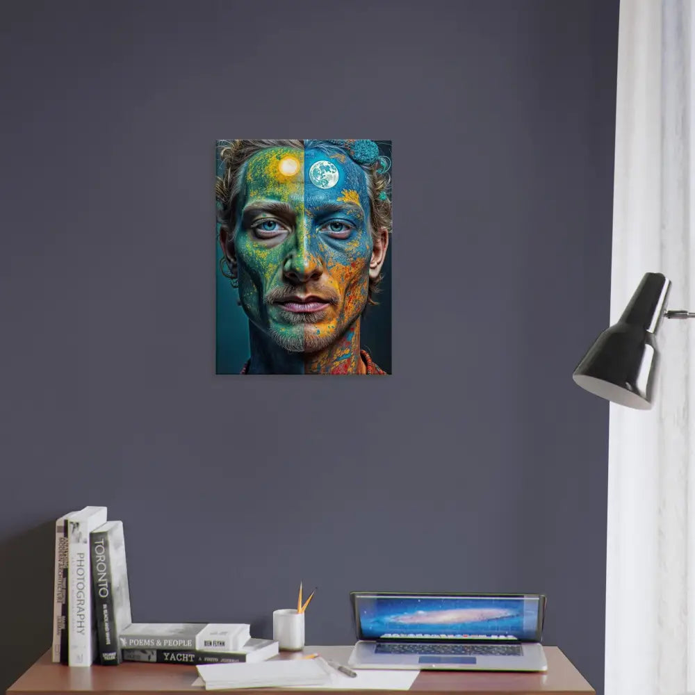 Artistic portrait with Sun and Moon imagery on Psychedelic Duality Wall Canvas