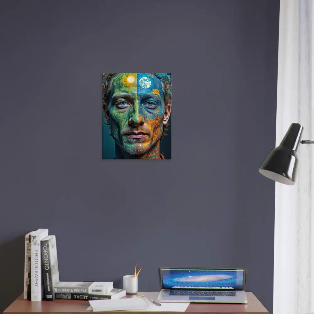 Framed Portrait of Man with Sun and Moon Face Paint on Psychedelic Duality Canvas Print