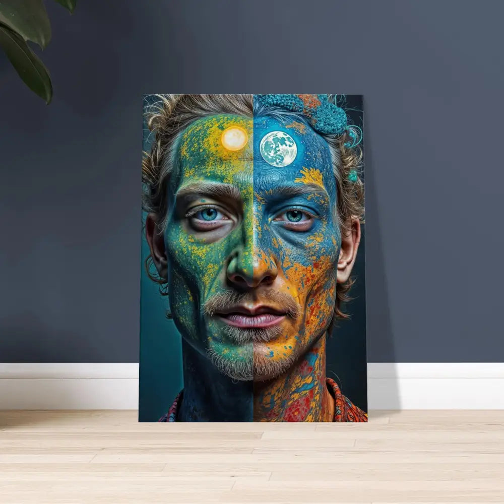 Vivid day and night face art on Psychedelic Duality Wall Canvas for striking wall decor