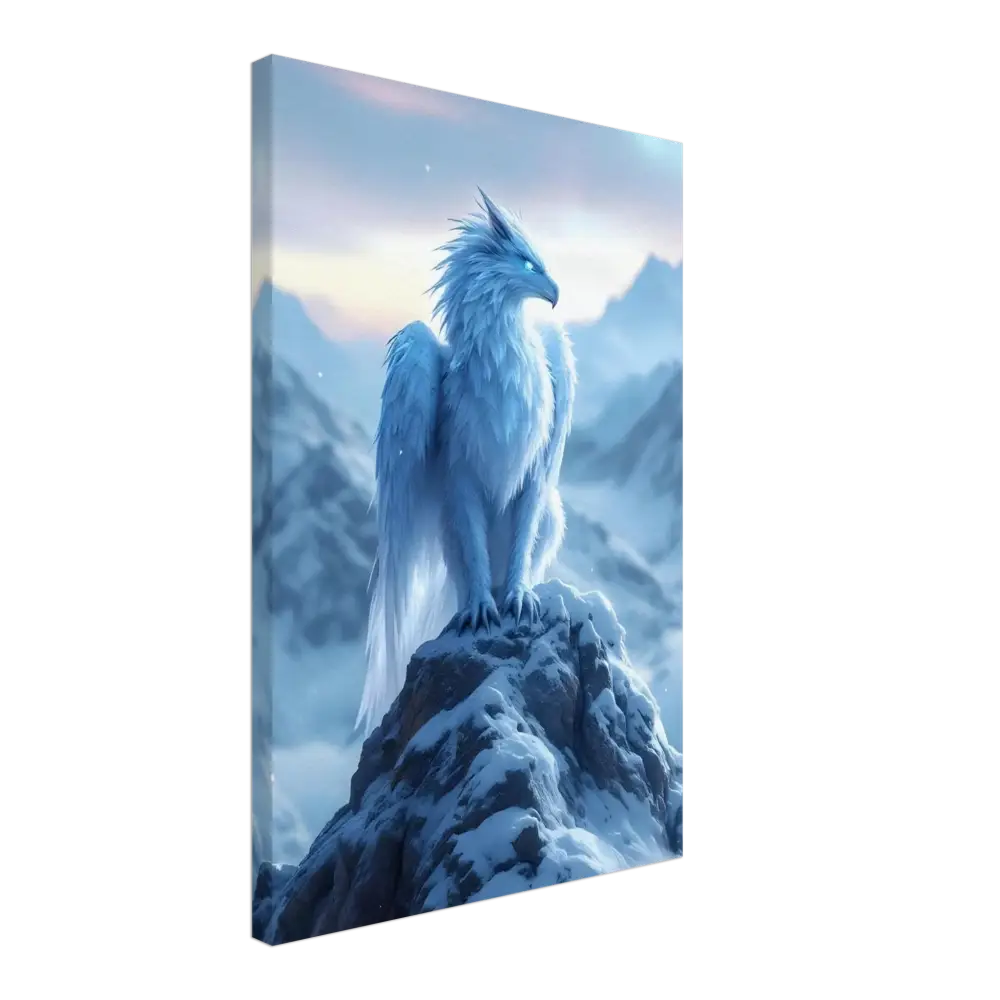 Framed snowy griffin artwork displayed on Frostpeak Gryphon Canvas Print by PixiOnyx
