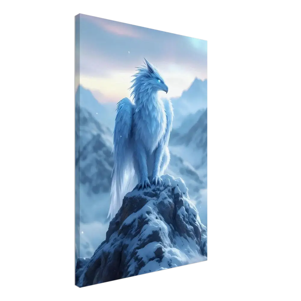 Framed fantasy art of a white griffin on a snow-covered peak, perfect for Canvas Print Frostpeak Gryphon
