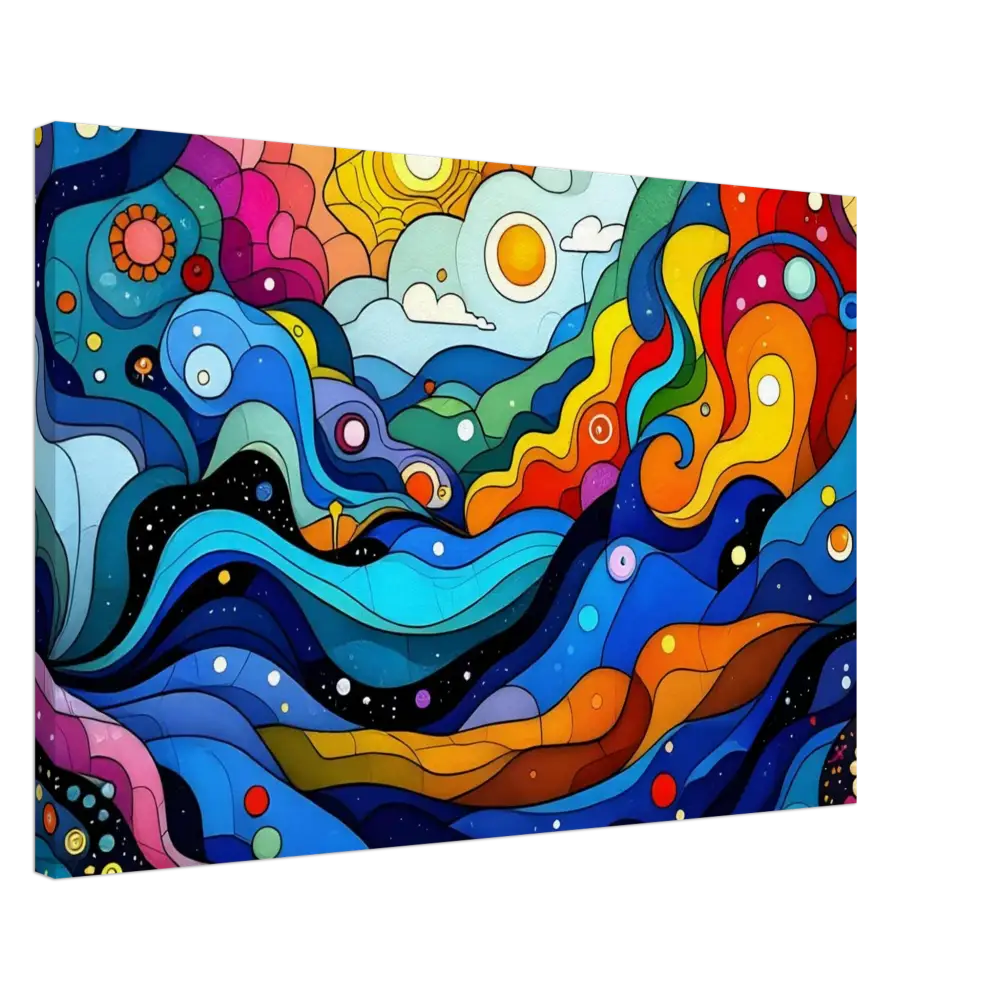 Colorful abstract landscape painting on layered spectrum canvas print for psychedelic wall art