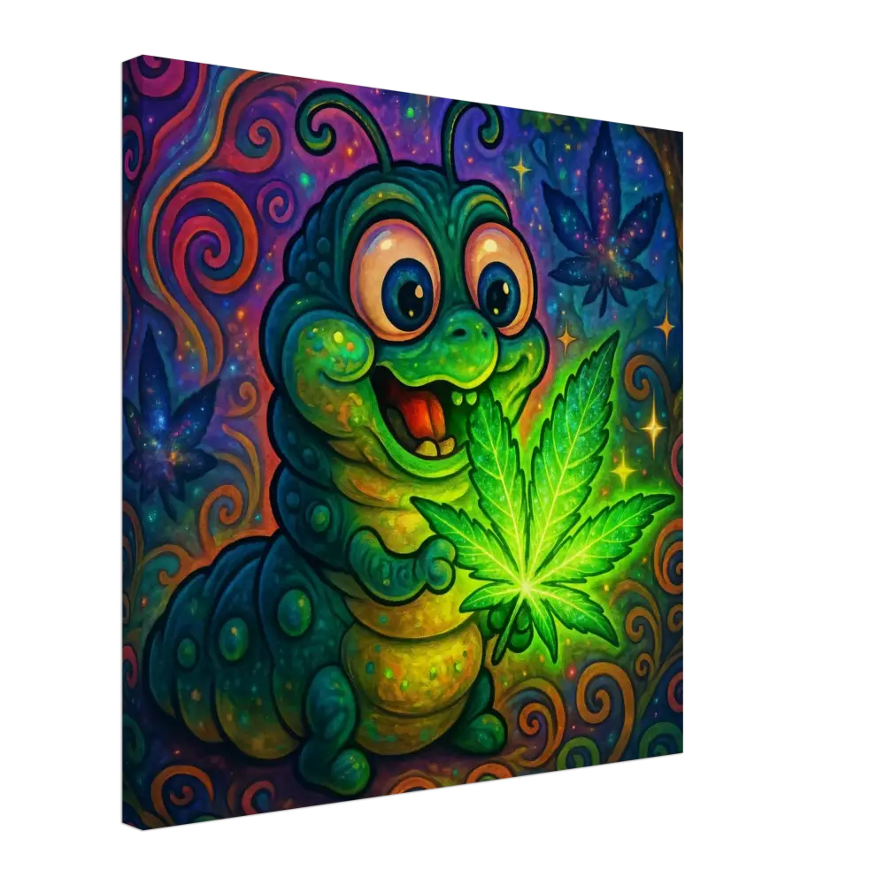 Cartoon caterpillar holding marijuana leaf for Psychedelic Caterpillar Wall Art Canvas Print