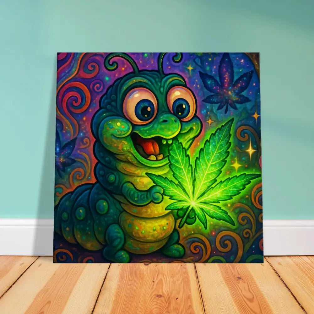 Cartoon caterpillar holding cannabis leaf psychedelic wall art Canvas Print Leaf Me Alone PixiOnyx