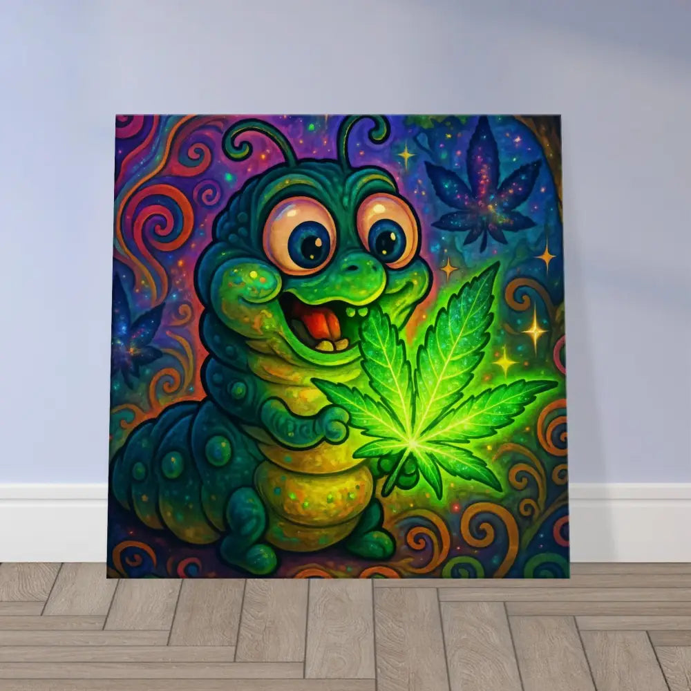 Colorful cartoon caterpillar holding a cannabis leaf for psychedelic wall art Canvas Print