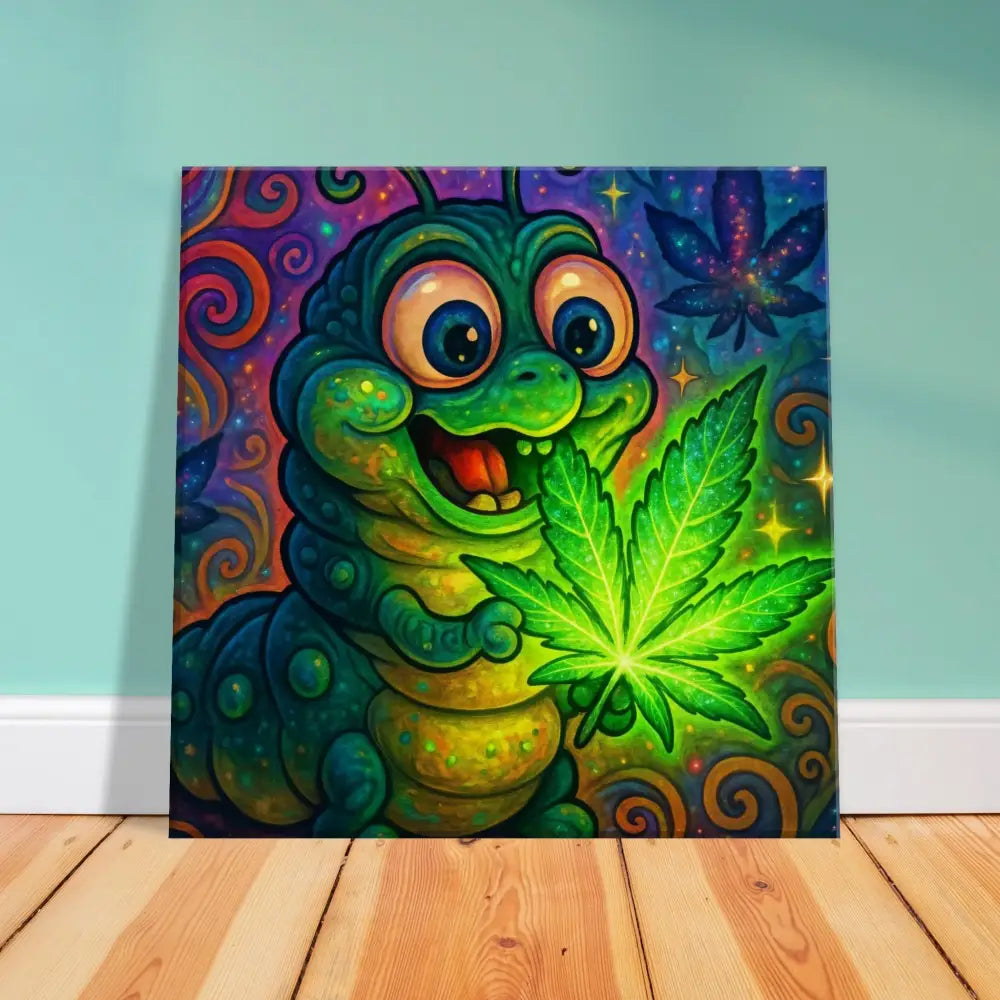Cartoon caterpillar holding marijuana leaf wall art Canvas Print Leaf Me Alone PixiOnyx