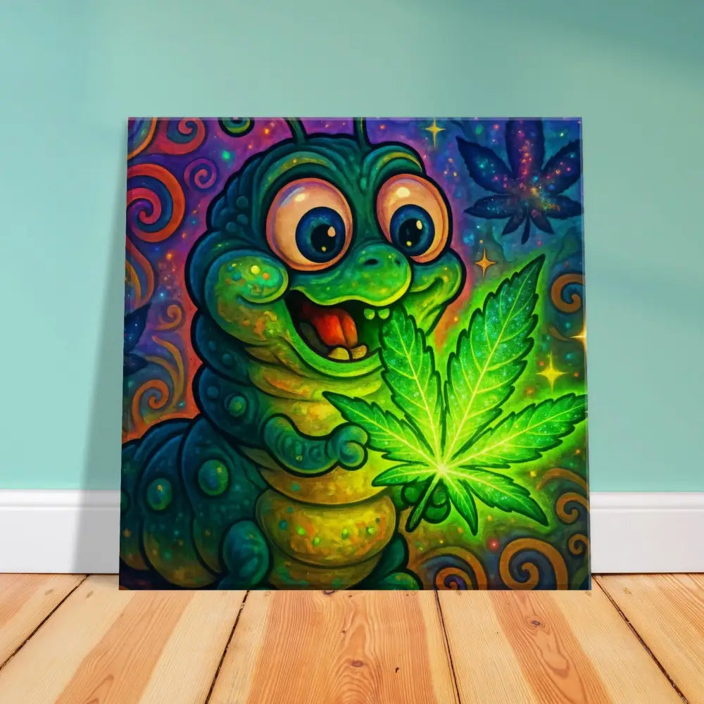 Cartoon caterpillar with marijuana leaf on psychedelic wall art Canvas Print by PixiOnyx