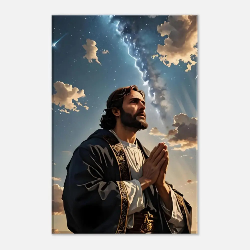 Religious figure praying under a dramatic sky in Canvas Print Prayer to the Cosmos PixiOnyx