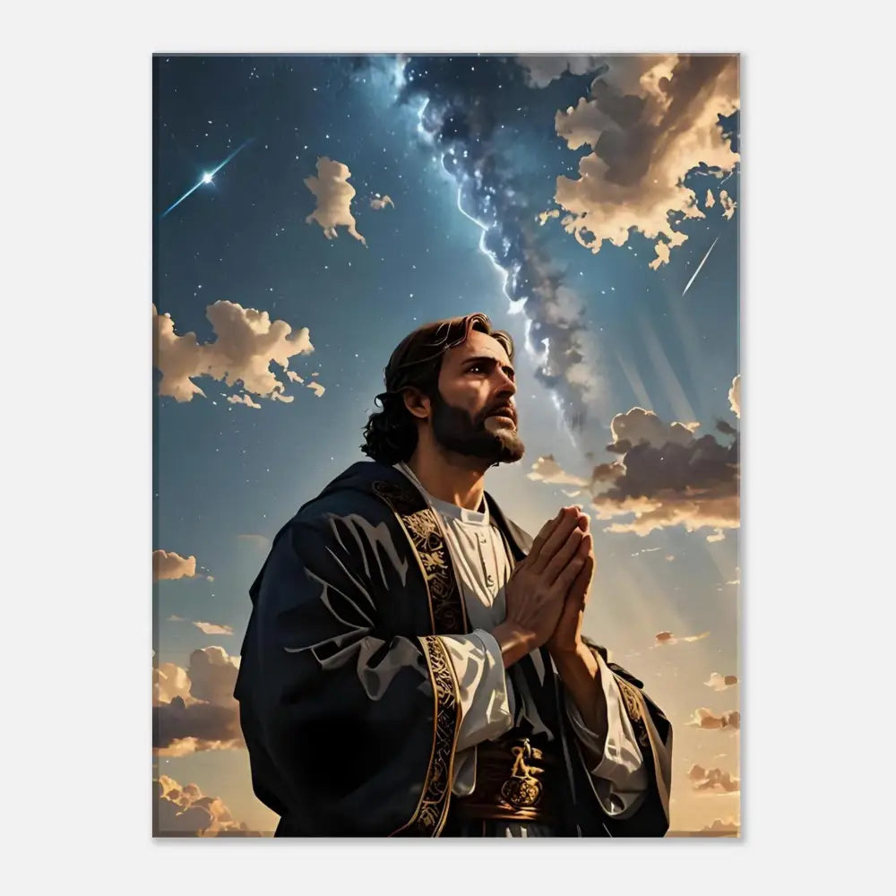 Jesus praying under a dramatic sky canvas print for Prayer to the Cosmos PixiOnyx