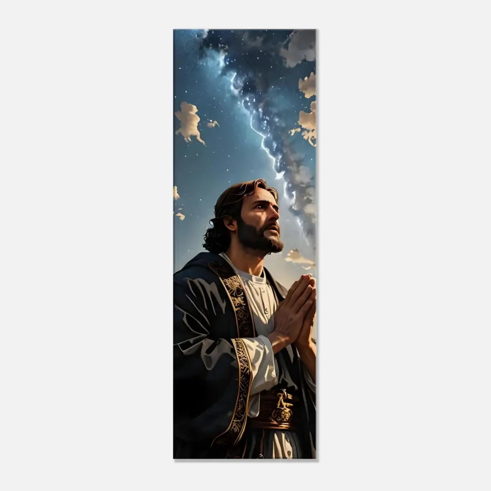 Jesus praying under a stormy sky displayed on Canvas Print – Prayer to the Cosmos by PixiOnyx