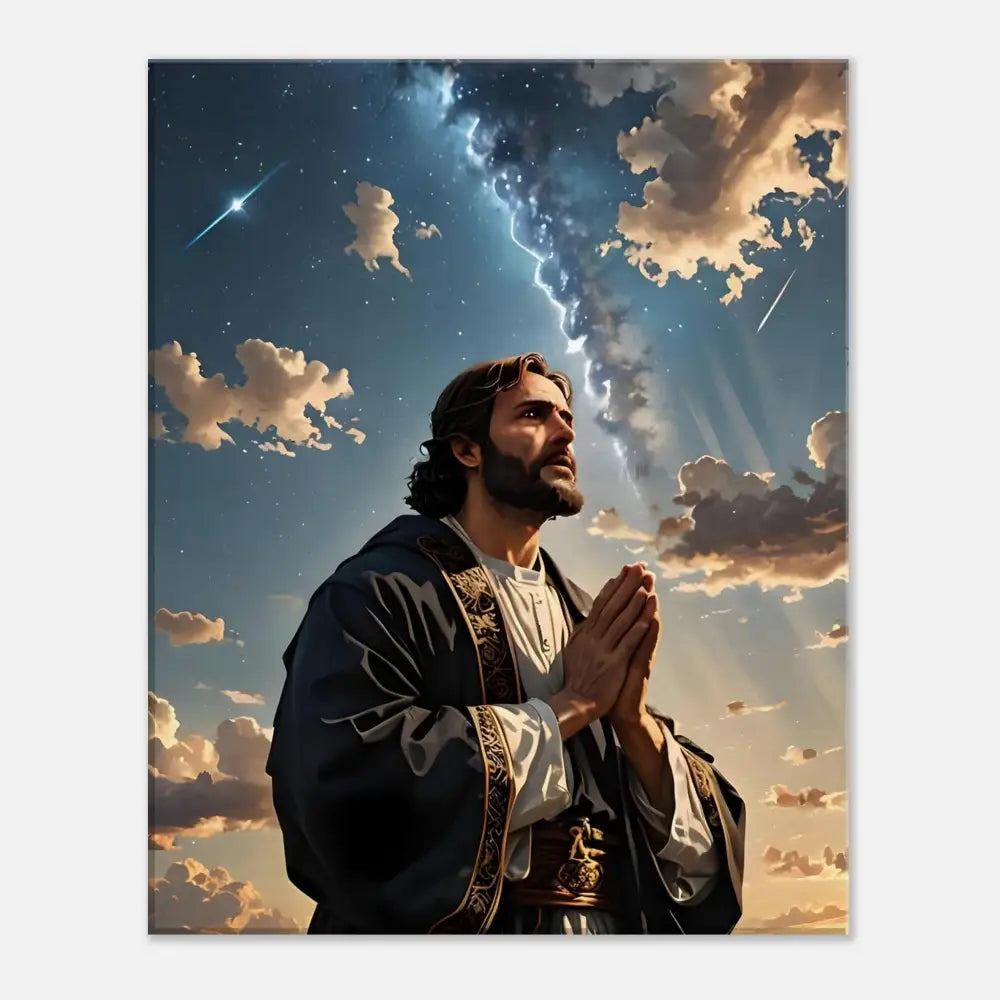 Jesus praying under a dramatic sky canvas print for Prayer to the Cosmos PixiOnyx
