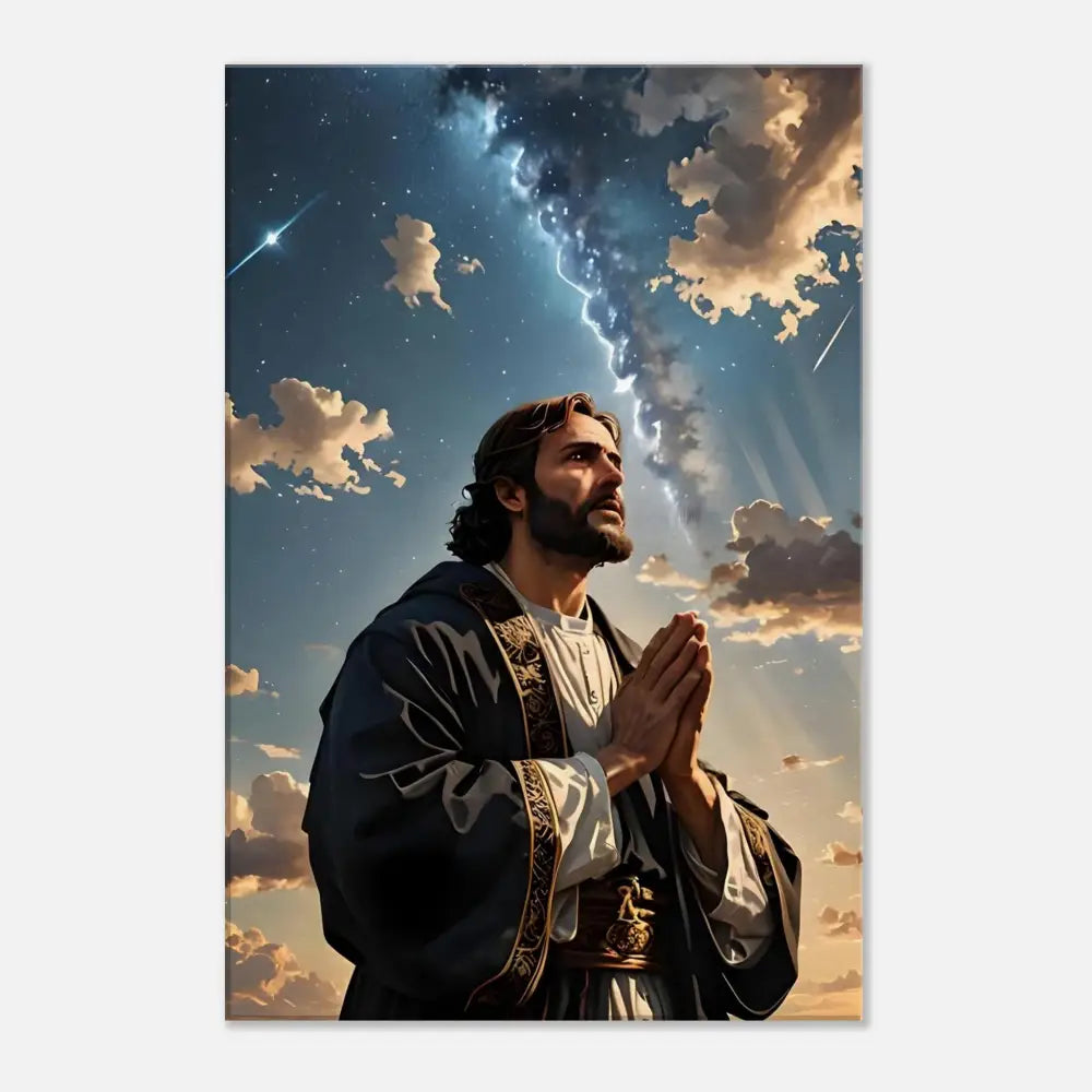 Jesus praying under a stormy sky canvas print depicted in Prayer to the Cosmos PixiOnyx