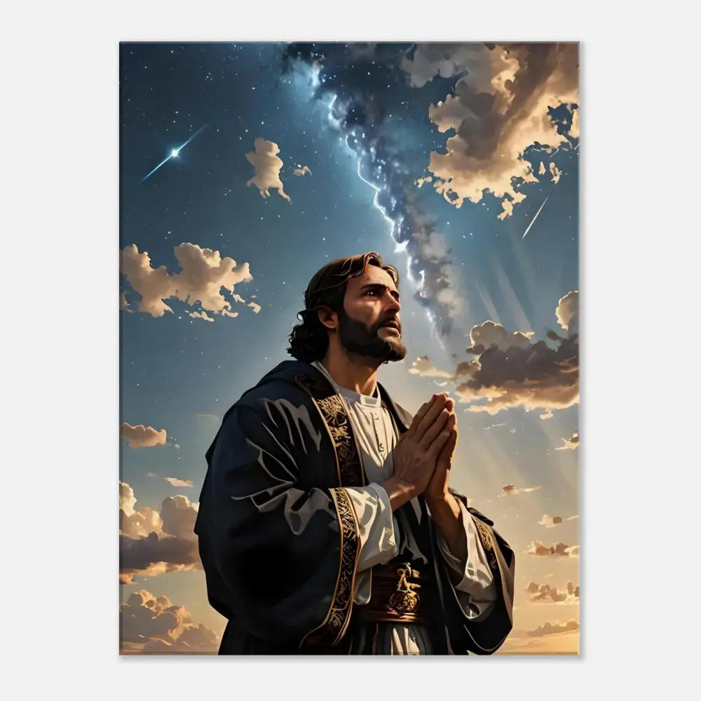 Man praying under a dramatic sky presented as Canvas Print – Prayer to the Cosmos by PixiOnyx