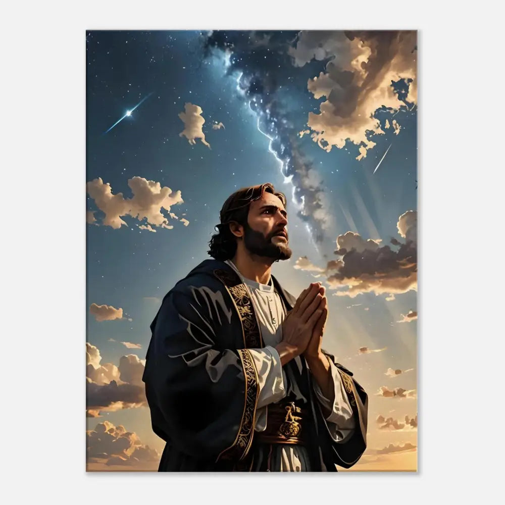 Man praying under a stormy sky Canvas Print Prayer to the Cosmos PixiOnyx