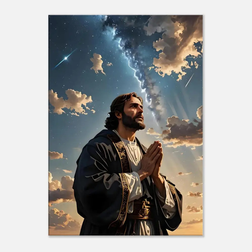 Praying man under a dramatic sky canvas print for Cosmos Prayer PixiOnyx product