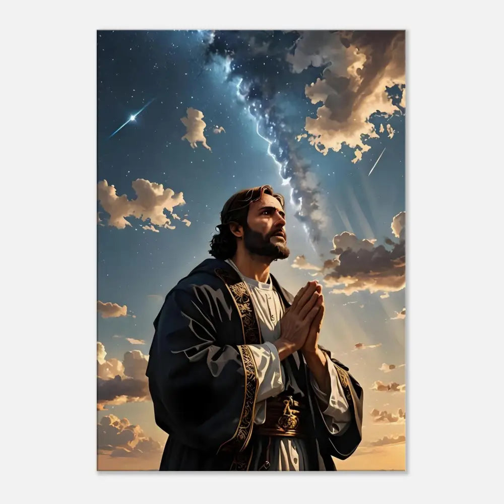 Man praying under a dramatic sky printed on Canvas Print – Prayer to the Cosmos at PixiOnyx