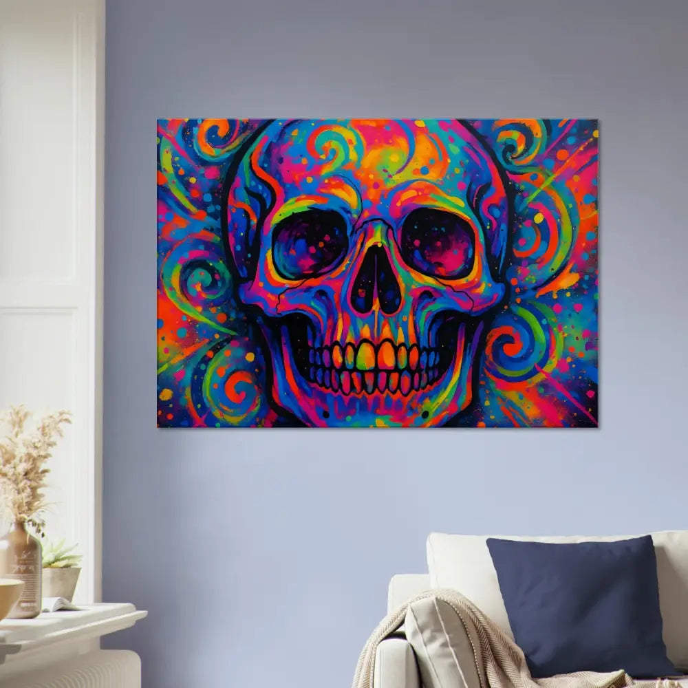 Colorful skull artwork on Canvas Psychedelic Skull Eruption PixiOnyx Urban Canvas Dream