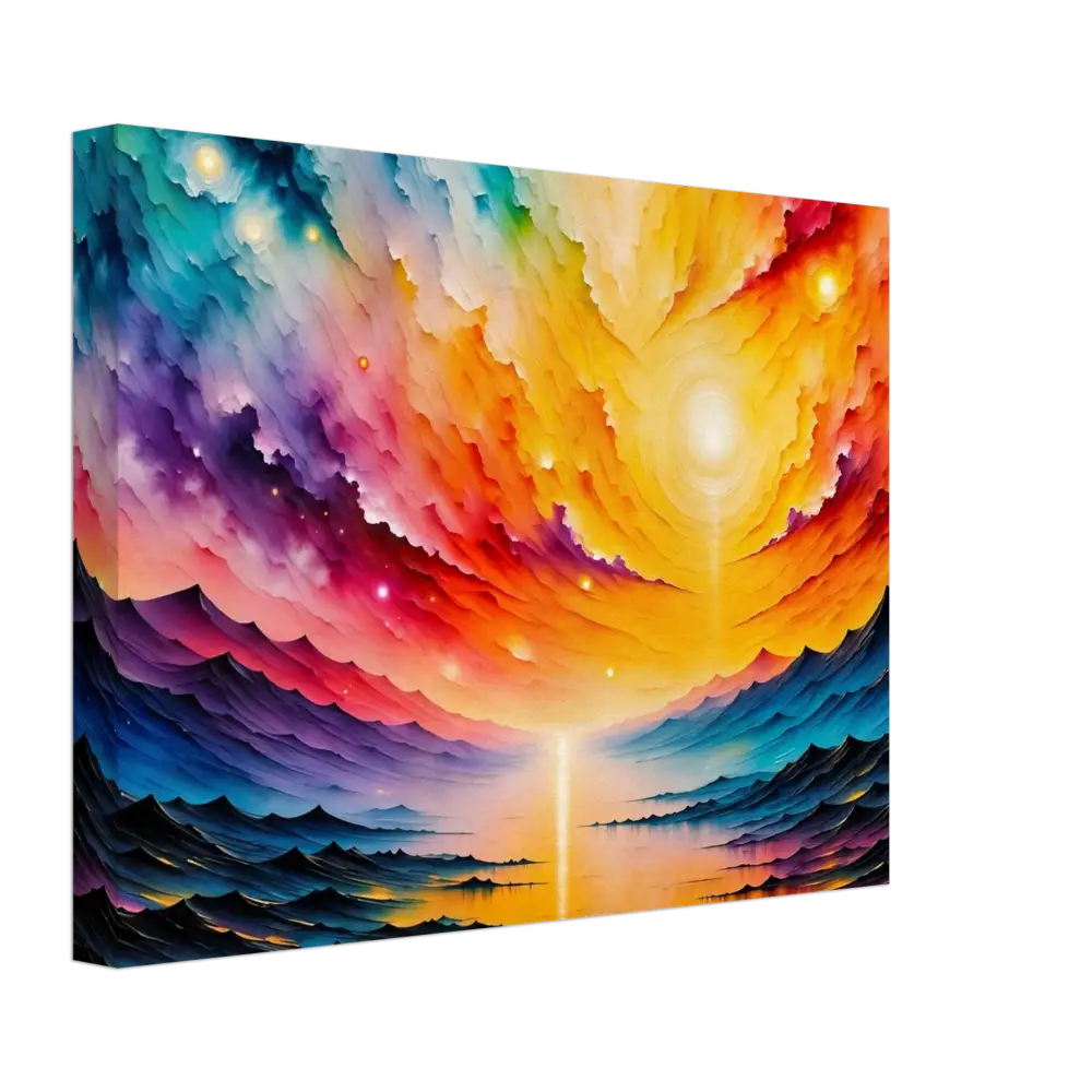 Vibrant abstract landscape painting with swirling clouds and radiant horizon at PixiOnyx Gallery
