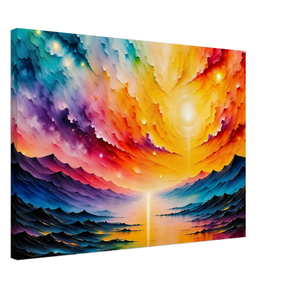 Vibrantly colored abstract landscape painting titled Radiant Horizon at PixiOnyx Gallery Dreamscape