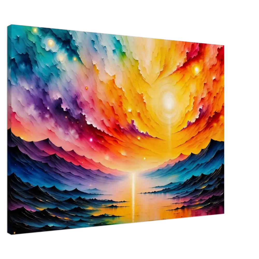 Vibrant abstract landscape painting with radiant horizon and reflective water at PixiOnyx Gallery Dreamscape