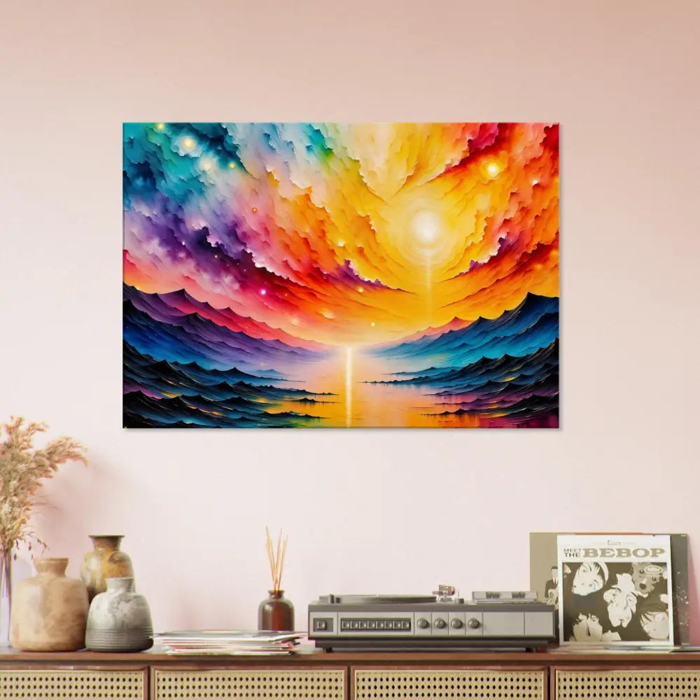 Vibrant abstract landscape painting with colorful sky over mountains and water in Radiant Horizon by PixiOnyx Gallery Dreamscape