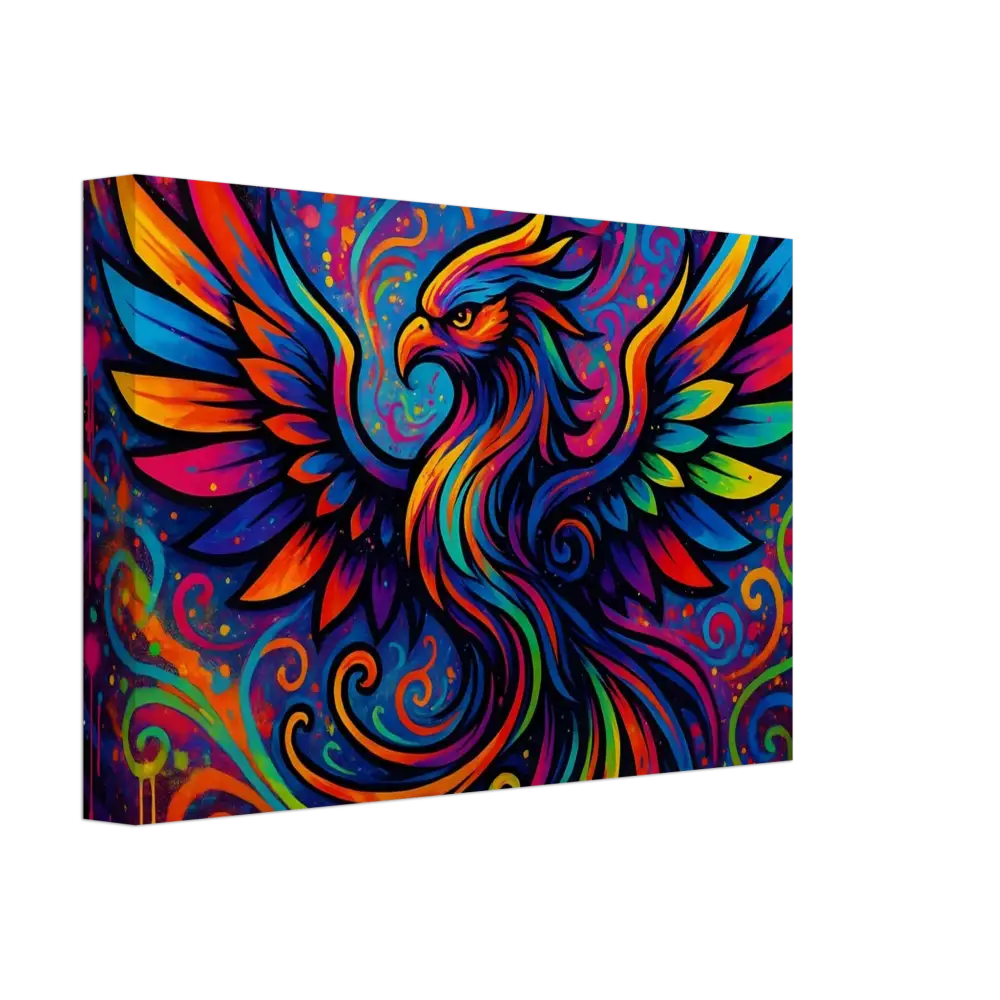 Colorful phoenix artwork on neon flame Canvas Rebirth in Neon Flame PixiOnyx Wall Art