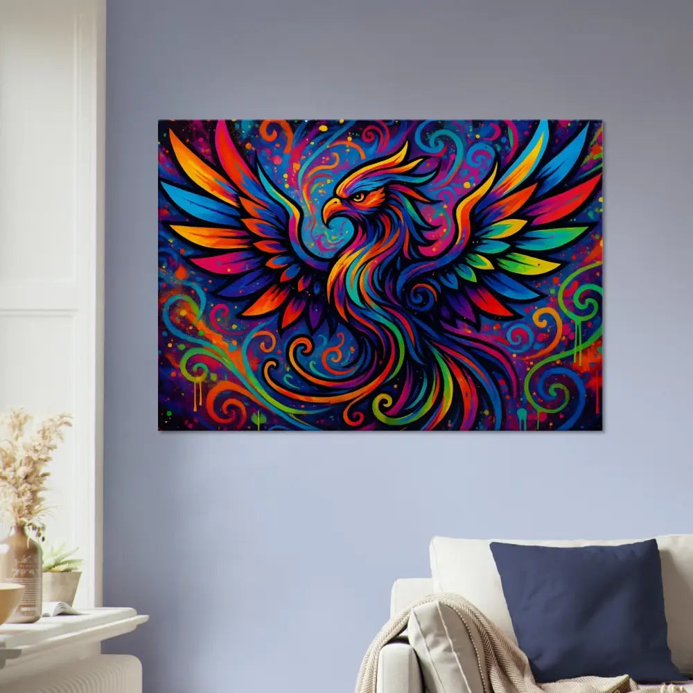 Colorful phoenix artwork on Neon Flame Canvas from PixiOnyx Psychedelic Graffiti Wall Art