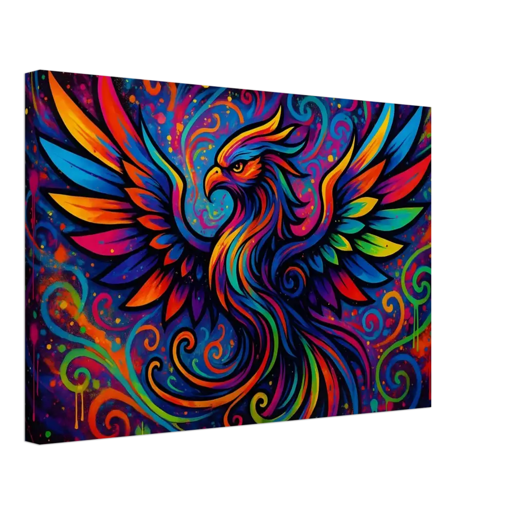 Colorful phoenix artwork on Neon Flame Canvas in PixiOnyx Psychedelic Graffiti Wall Art