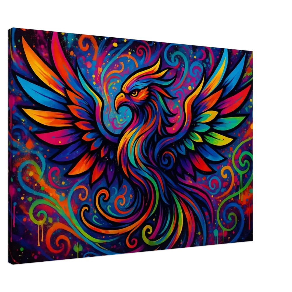 Colorful phoenix artwork on Neon Flame Canvas for Psychedelic Graffiti Wall Art
