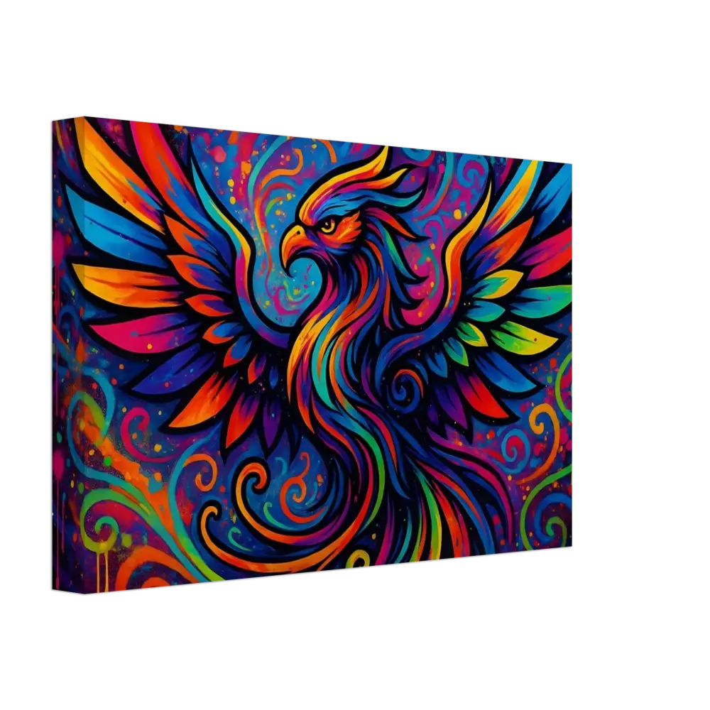 Colorful phoenix artwork displayed on Neon Flame Canvas in PixiOnyx Psychedelic Graffiti Wall Art