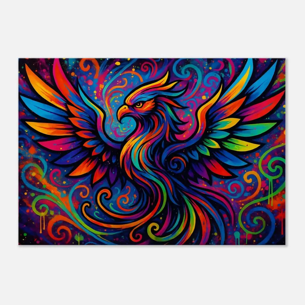 Colorful phoenix artwork displayed on Canvas Rebirth in Neon Flame PixiOnyx Abstract Graffiti Wall Art